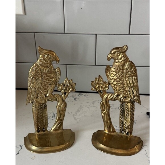 Vtg Andrea by Sadek Brass Parrot Bird Bookends 1980s Mid Century Pair - Picture 2 of 16